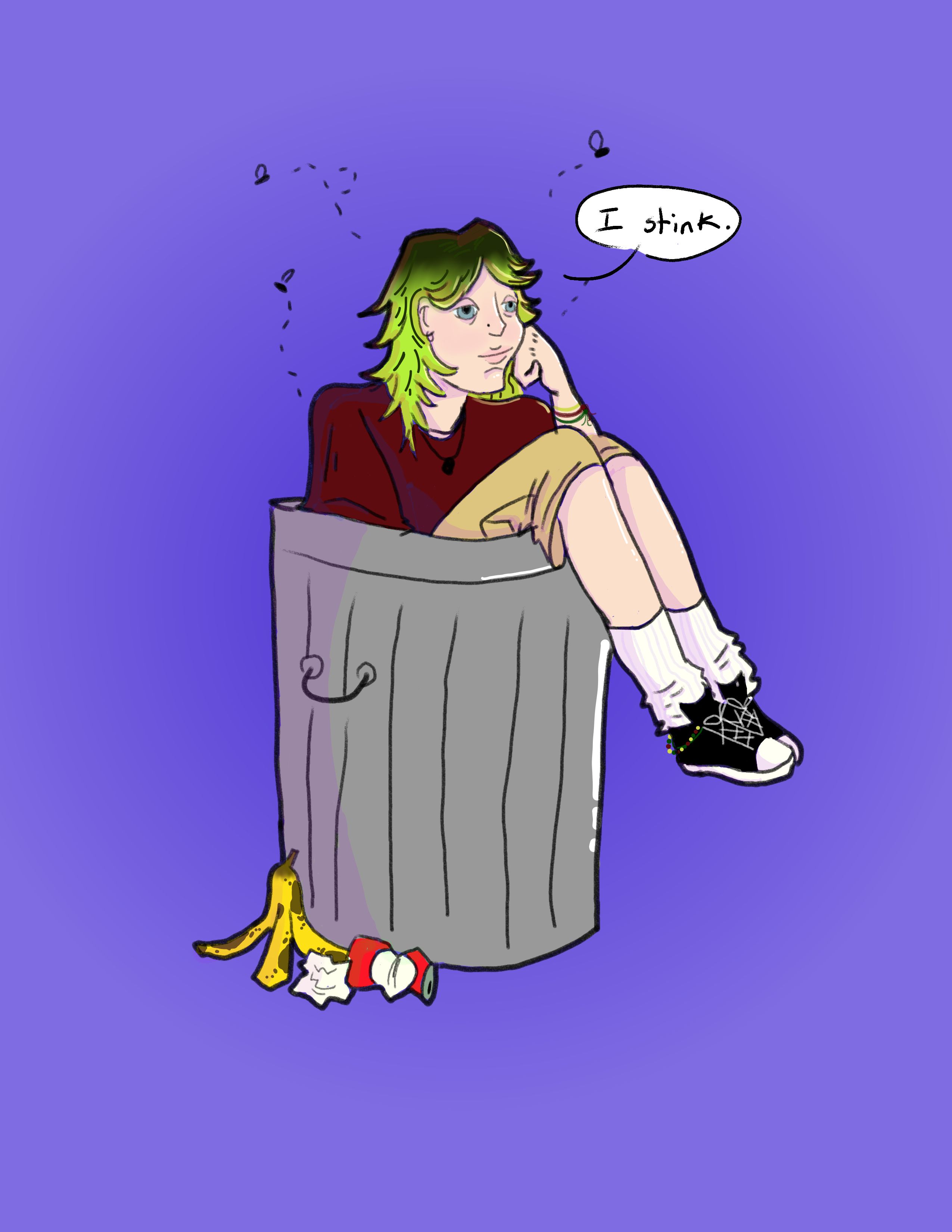 a drawing of a grunge girl sitting in a trash can, some trash has fallen out.