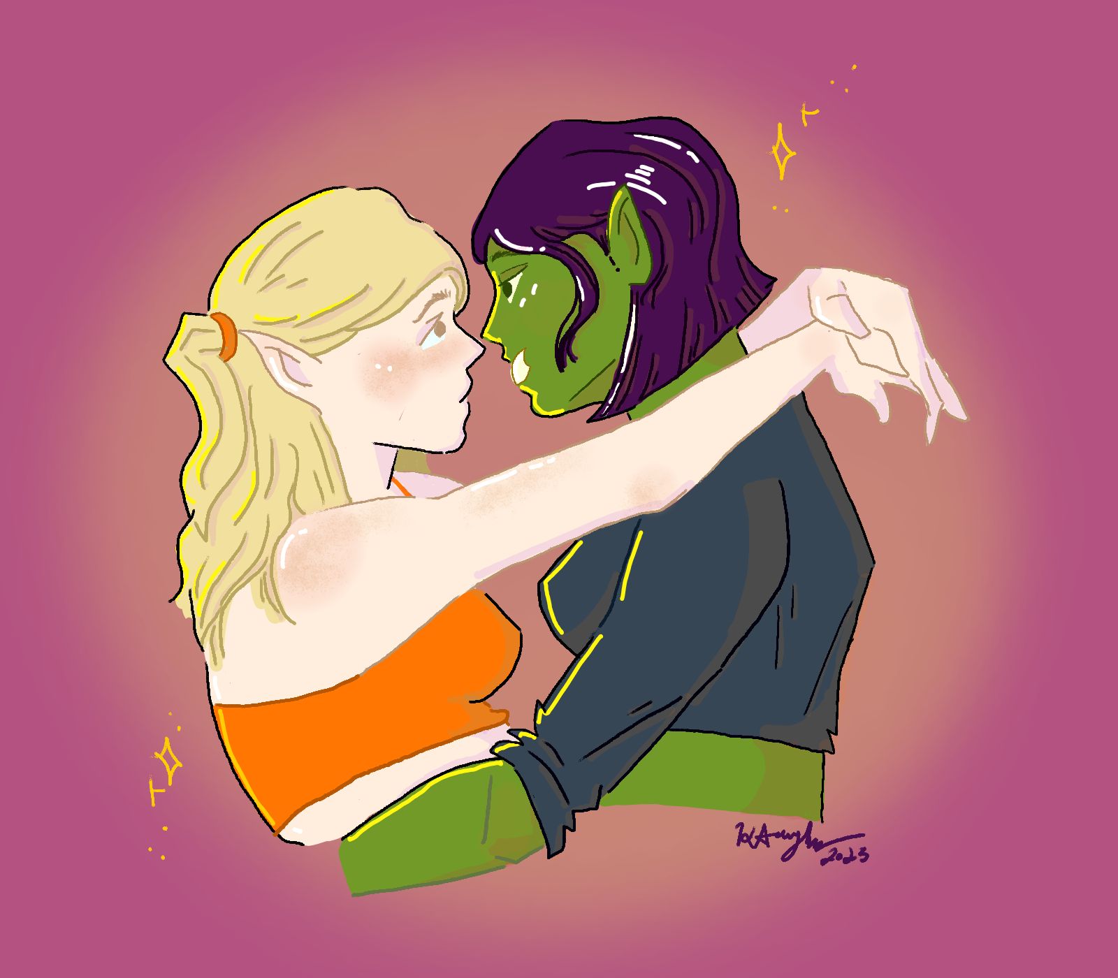 a digital drawing of a female elf and female half-orc about to kiss.